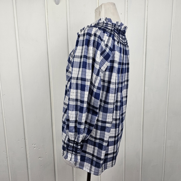 Talbots Boho Blue Blossom Plaid Smocked Blouse Women's Medium - Picture 6 of 7